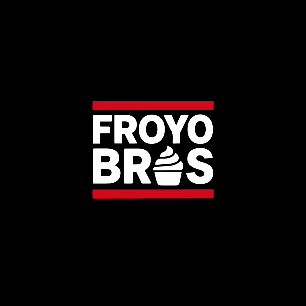 Black background with "FROYO BROS" in bold white letters, featuring a stylized frozen yogurt icon. Red lines above and below the text.